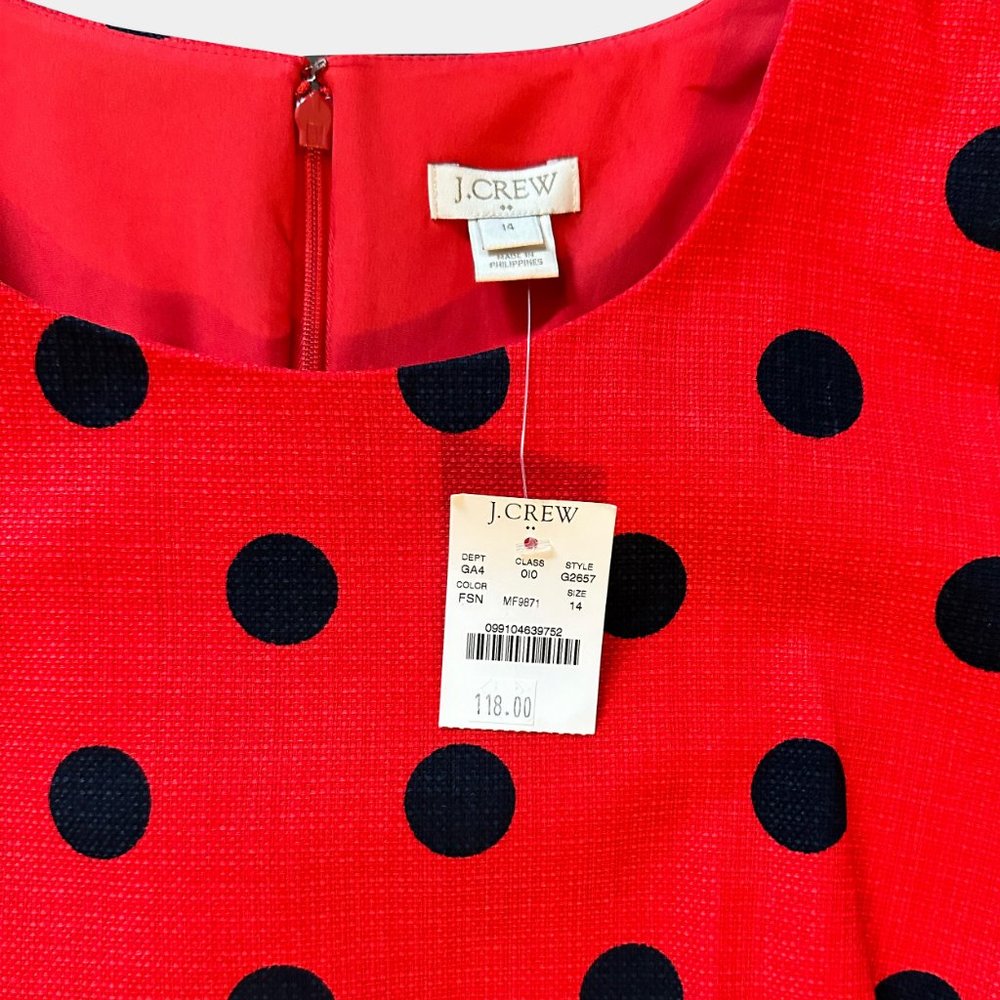 NEW J. Crew Red Dress with Navy Polka Dots